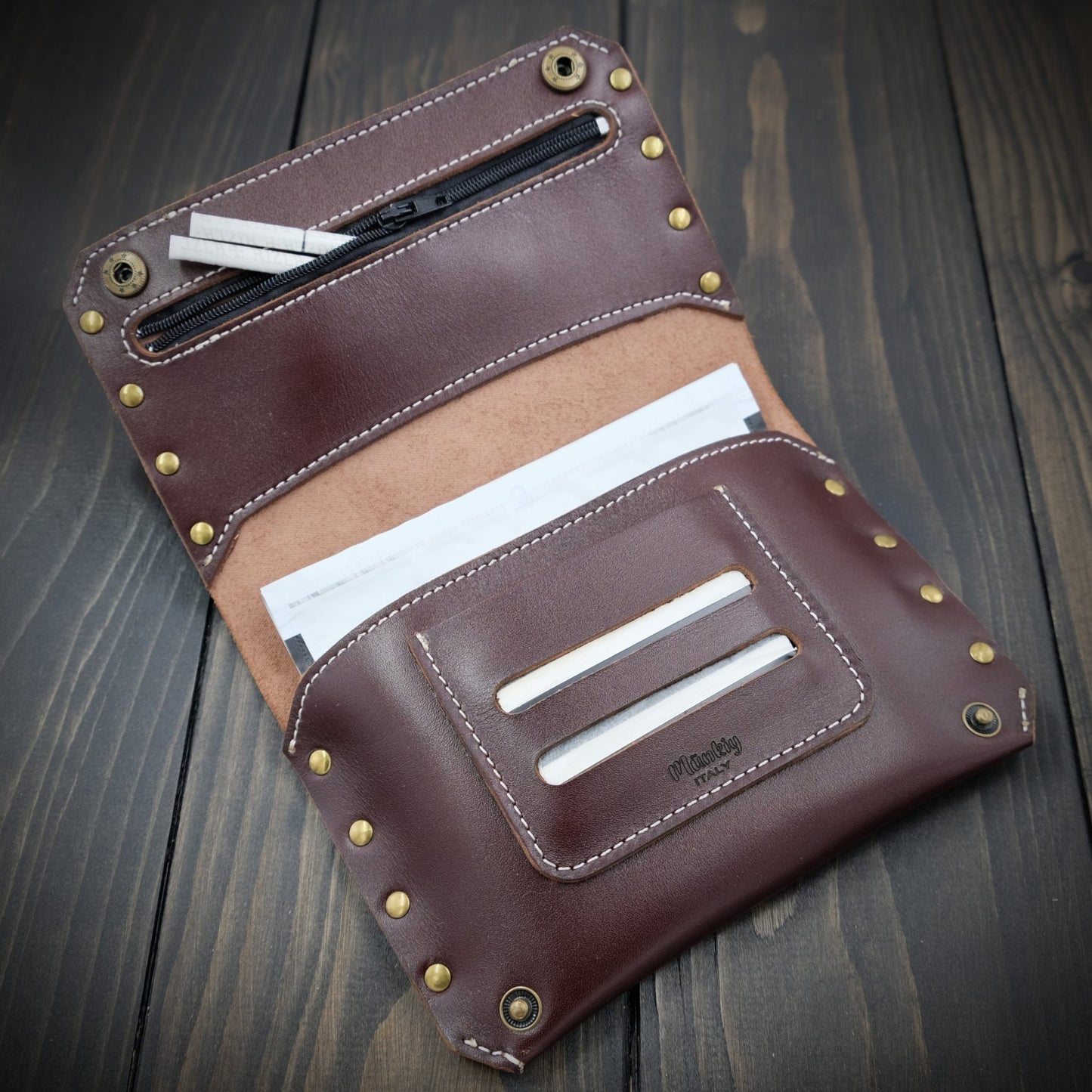 Astuccio porta tabacco in pelle personalizzabile marrone - mod. Metal - Munkiy Italy - Astuccio per tabacco